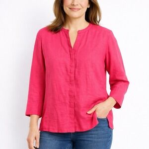 Talbots Top Womens 12 Pink Irish Linen Long Sleeve V Neck Button Up Blouse